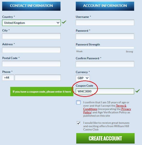 William Hill Casino Club Coupon Code No Deposit